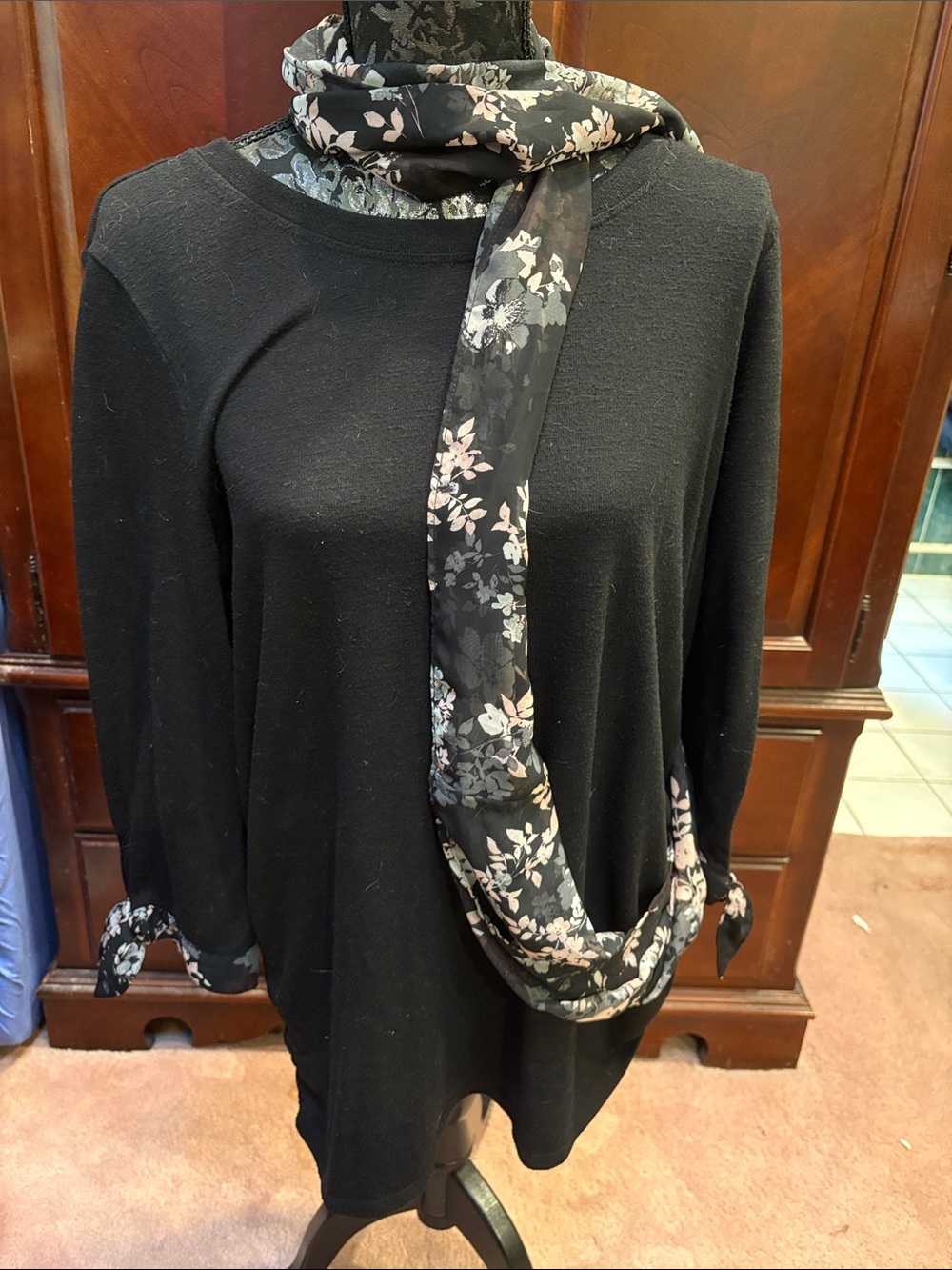 Elle Black Long Sleeve Tunic with Floral Scarf Accent